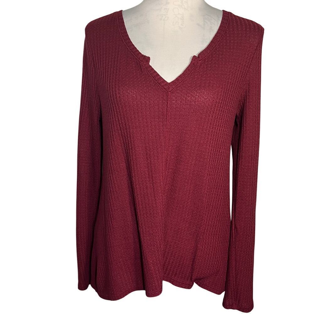 Arizona Jeans Womens L Maroon LongSleeve Deep V Textured Woven Stretch Tunic Top